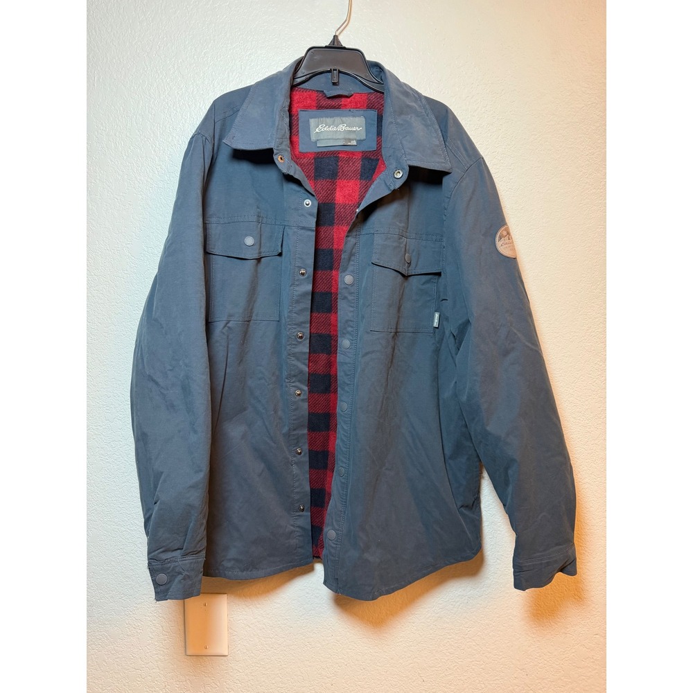 Eddie Bauer Mens Blue Plaid Lined Snap Front Shirt Jacket Large